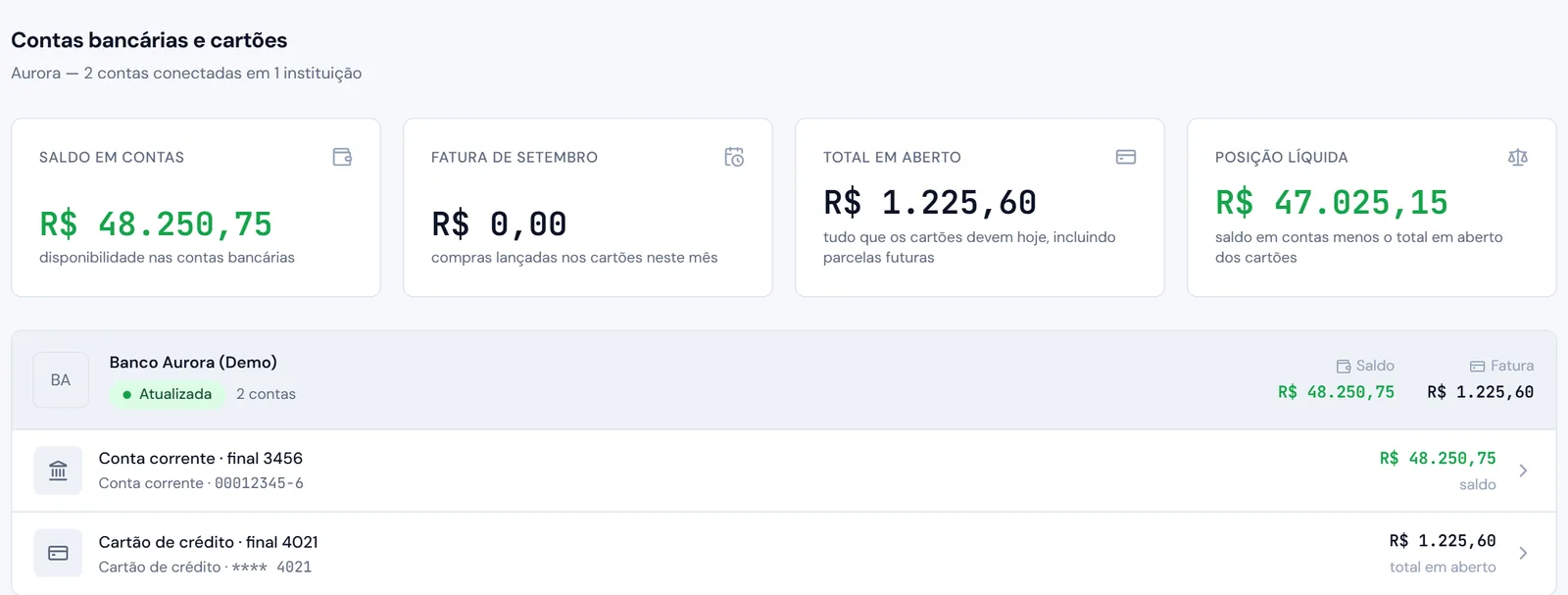 Tela de contas da LUMEQ: saldo em contas, fatura do mês, total em aberto dos cartões e a instituição conectada.